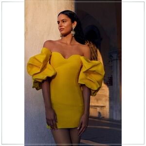 $4250 Monique Lhuillier Sweetheart Puff Sleeve Silk Blend Runway Midi Dress